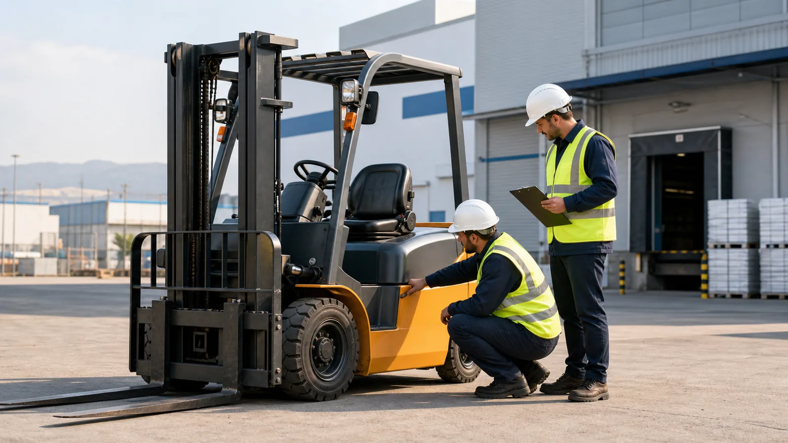 Çayırova sanayi sahasında kiralık forkliftin ekipman durumunu kontrol eden iki uzman