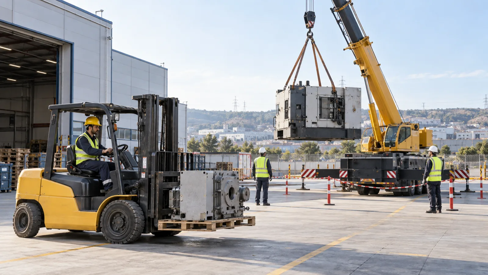 Sanayi sahasında paletli yük taşıyan forklift ile sapanlı makine kaldıran mobil vinç