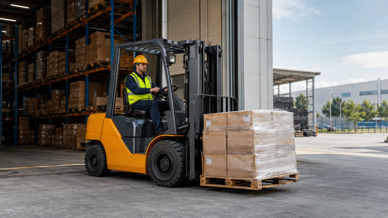 Sanayi deposunda palet taşıyan operatörlü karşı ağırlıklı forklift