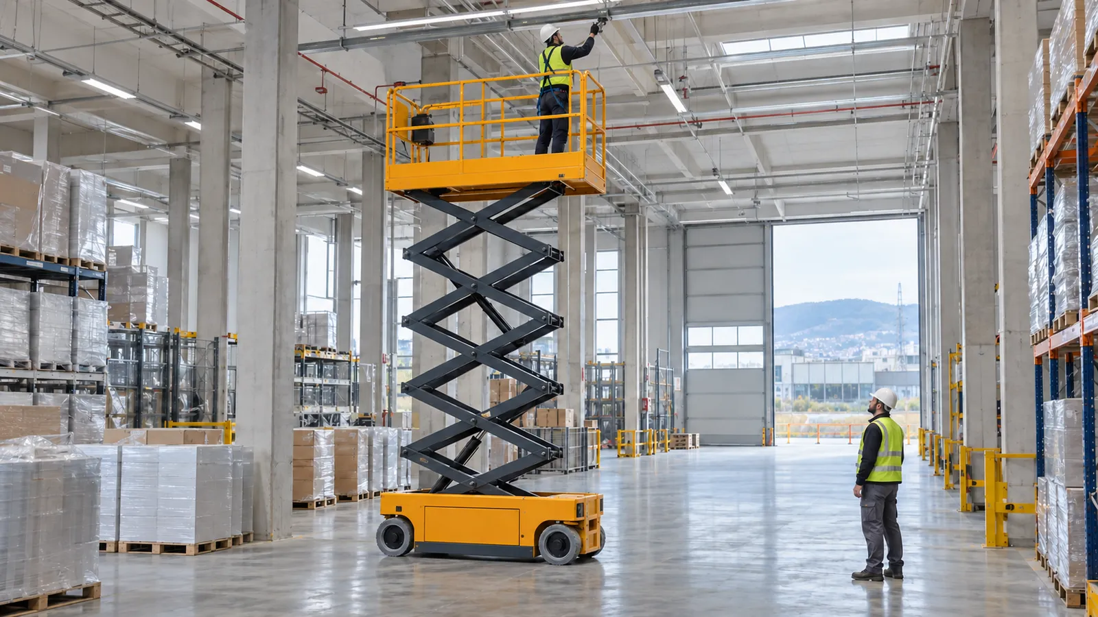 Fabrika içinde tavan bakımı için kullanılan korumalı makaslı platform ve saha gözcüsü